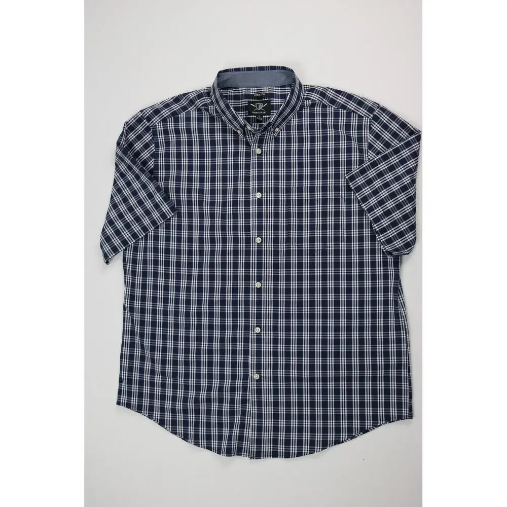 Shirtcraft Men's Size L short sleeve navy blue plaid button-down shirt EUC